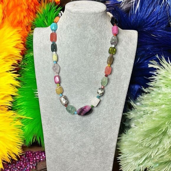 OOAK Multi Colored Genuine Semi Precious  Polished Gemstone Necklace Stones - Picture 4 of 9